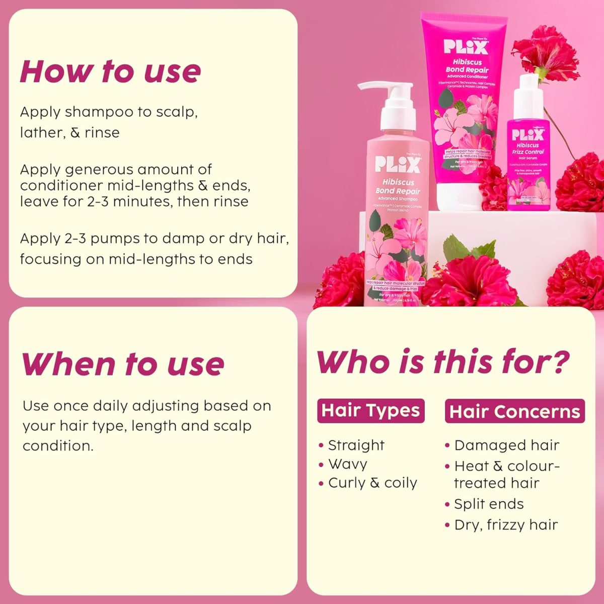 PLIX - THE PLANT FIX Hibiscus Frizz Control Hair Serum 50ml + Bond Repair Shampoo 200ml + Conditioner 175ml | Protects & Smoothes Frizzy Hair| 3x Strength with Fiberhance - Image 8