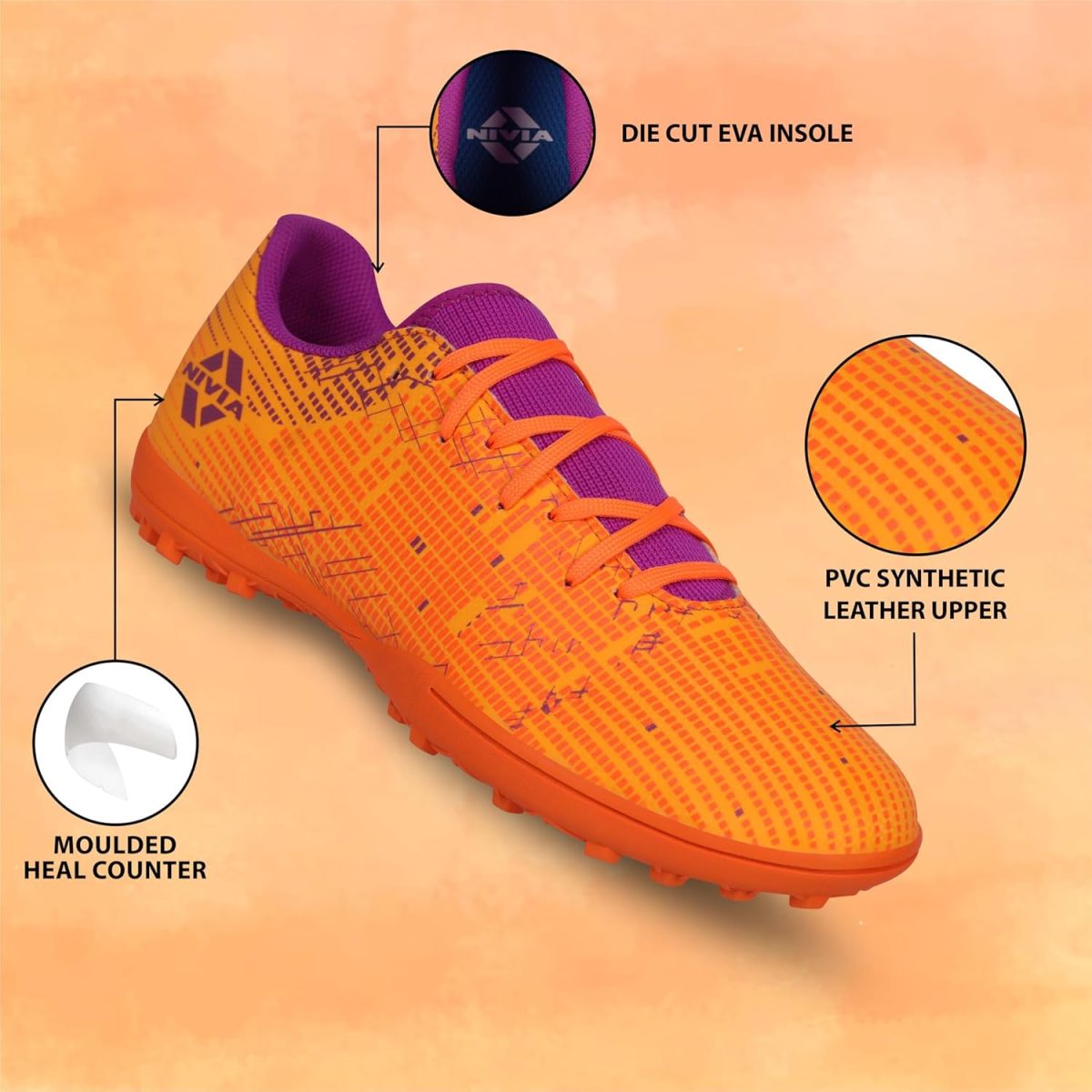 Nivia Rabona 2.0 Turf Football Shoes for Mens, Rubber Stud with PVC Synthetic Leather, Soft Cushion die Cut N R eva Sockliner, Light Weight die Cut Insole (Neon Citrus/Festival Fuchsia) - Image 2