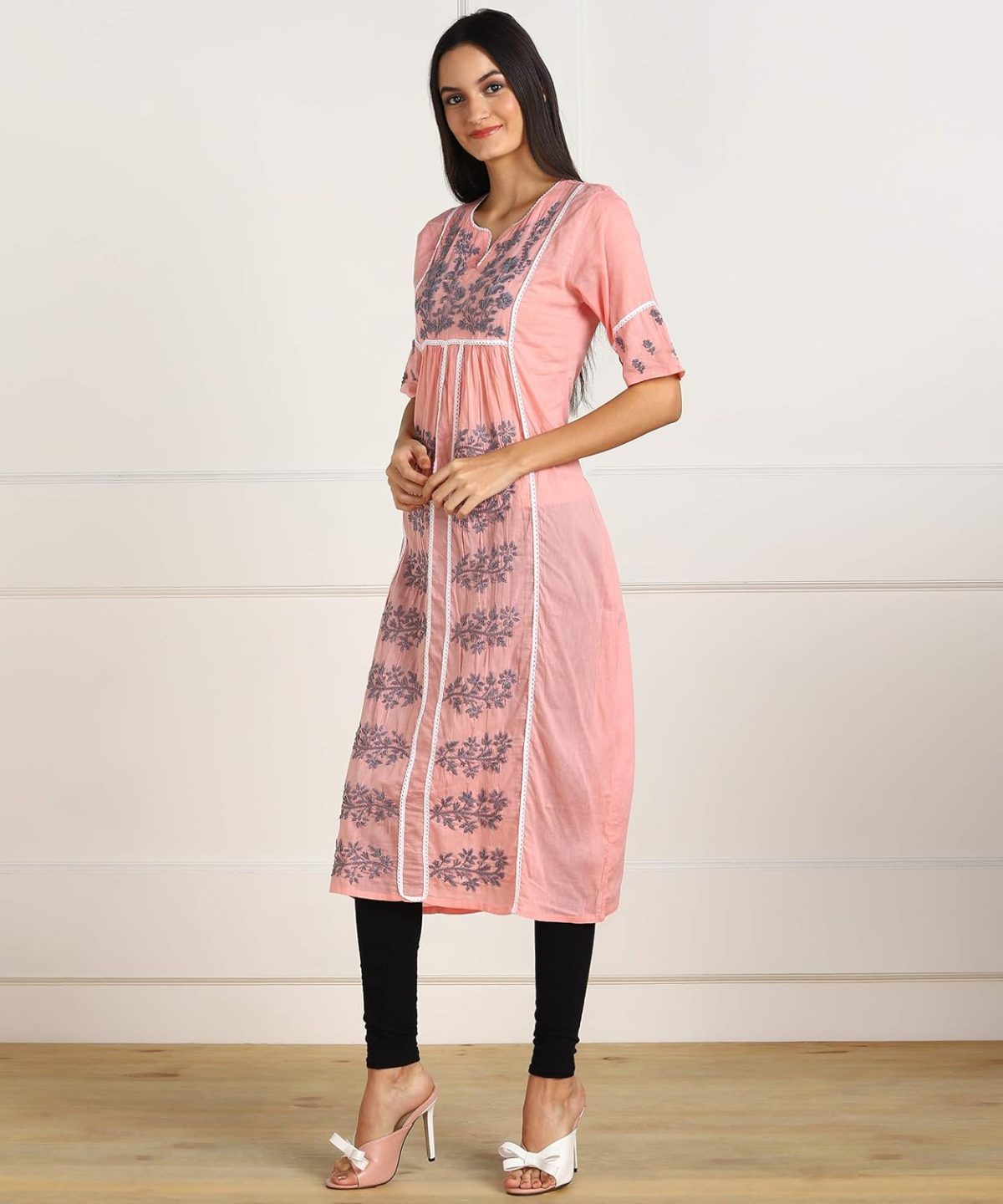 Vahson Lucknow Chikan Hand Embroidered Regular Fit Cotton Kurti Kurta for Women - Image 3