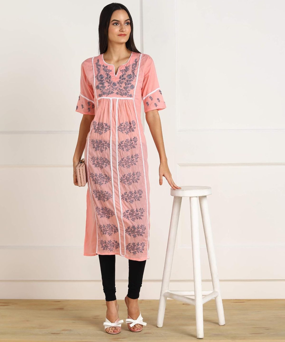 Vahson Lucknow Chikan Hand Embroidered Regular Fit Cotton Kurti Kurta for Women - Image 7