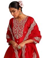 INDO ERA Women Rayon Viscose Yoke Zari Floral Straight Kurta Set & Pant With Embroidered Scalloped Dupatta Set