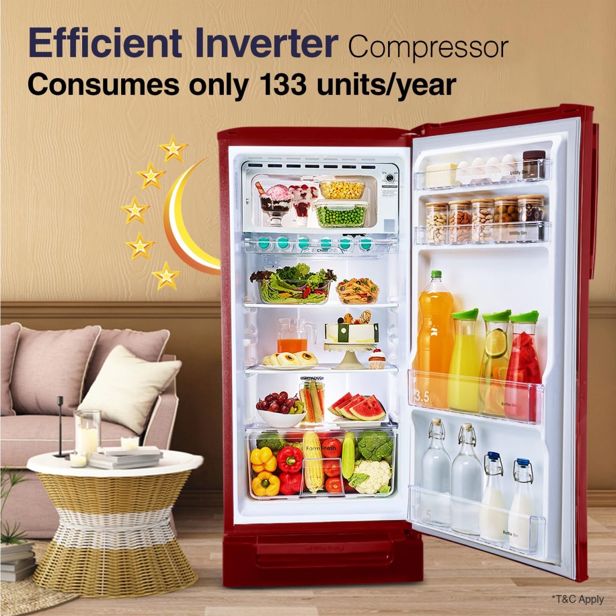 Godrej 202 L 5 Star Advanced Inverter, Jumbo Vegetable Tray Direct Cool Single Door Refrigerator With Base Drawer(, RD 210E TDI MN WN, Marine Wine) - Image 2