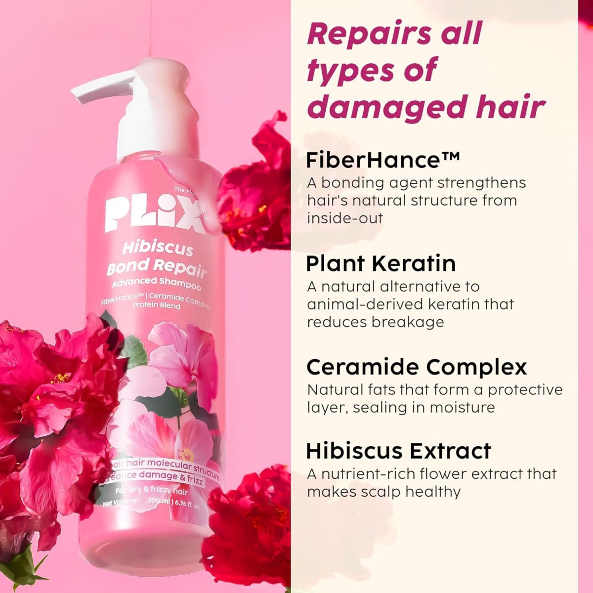 PLIX - THE PLANT FIX Hibiscus Frizz Control Hair Serum 50ml + Bond Repair Shampoo 200ml + Conditioner 175ml | Protects & Smoothes Frizzy Hair| 3x Strength with Fiberhance - Image 5