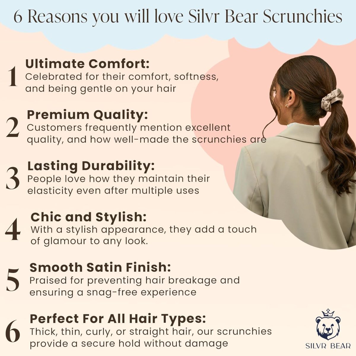 Silvr Bear Luxury Satin Scrunchies Set for Women, Girls | Anti-Hair-Breakage Hair Ties - Image 2