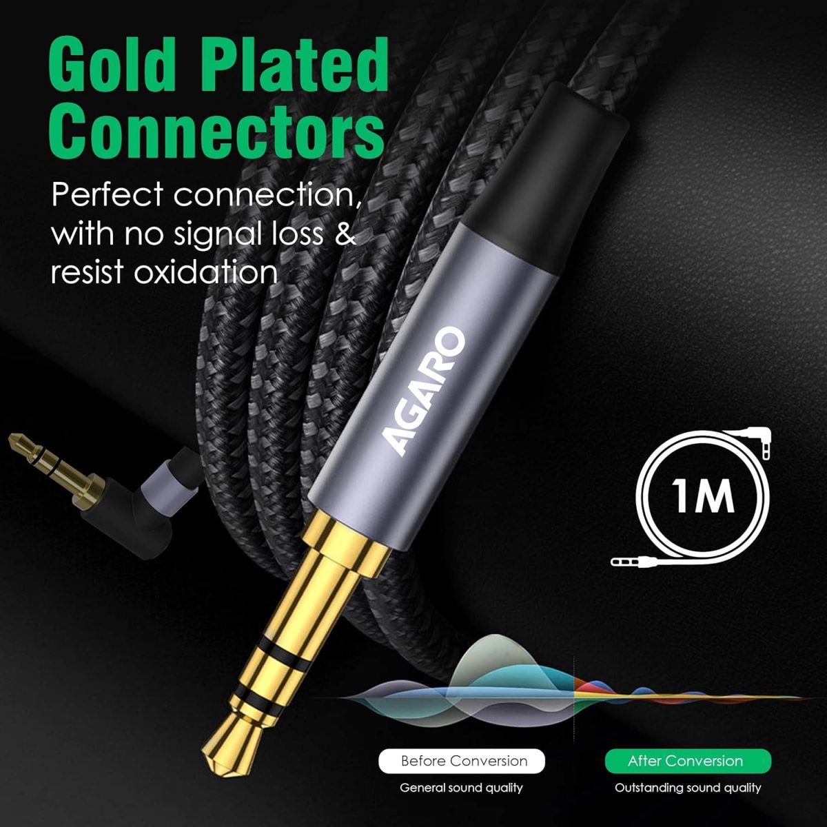 AGARO 3.5mm Audio Cable Stereo Aux 90 Degree Right Angle Aux Cable 24K Gold Plated Male to Male Hi-Fi Sound for Car, Home Stereos, Speakers & More 1M/ 100CM/ 3.2 Ft, Silver & Black, (33664) - Image 5