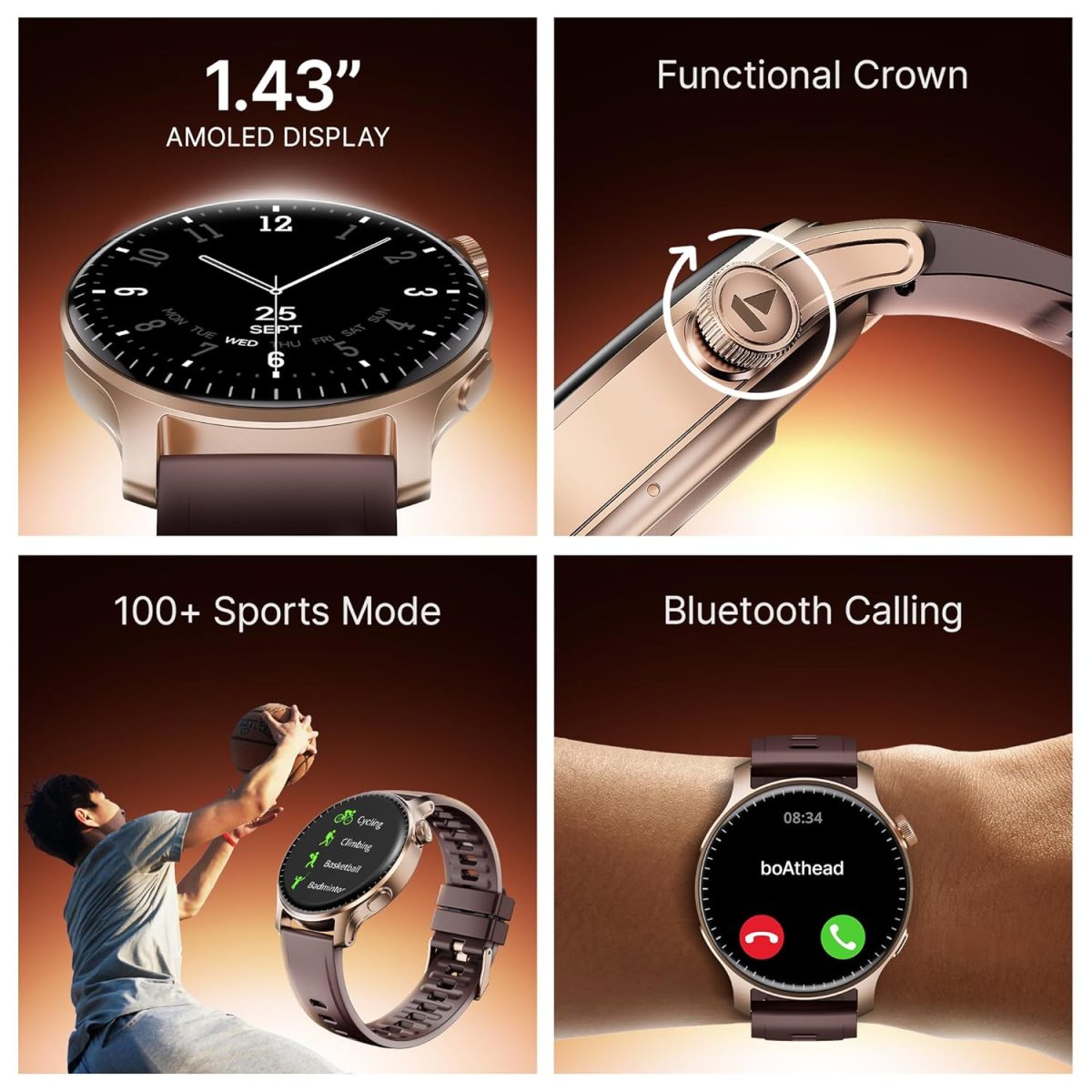 boAt New Launch Ultima Prime Smartwatch with 1.43" AMOLED Display, Personalized Fitness Nudges, Functional Crown,100+ Sports Modes, Watch Face Studio (Royal Berry), Brown - Image 2