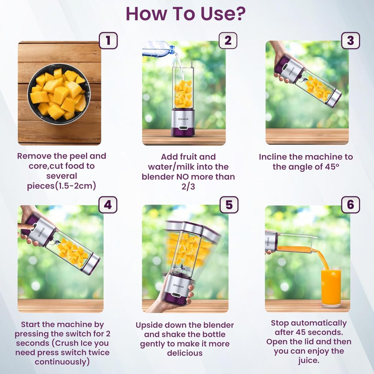 OWNAIR Portable Blender For Smoothie & Juices, Portable Juicer mixer grinder, baby food blender, Type C, 5000 mah battery, Smoothie maker blender, 450ml, Stainless Steel, 240 Watts, Grey - Image 6
