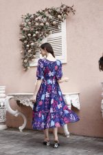 SMOWKLY Women's Georgette Floral Printed Indo-Western Ethnic Gown || Half Sleeve V Neck Fit & Flare Flared Hem Design || Casual Wear A-Line Maxi Dress 1323_BL_XL Blue - Image 7