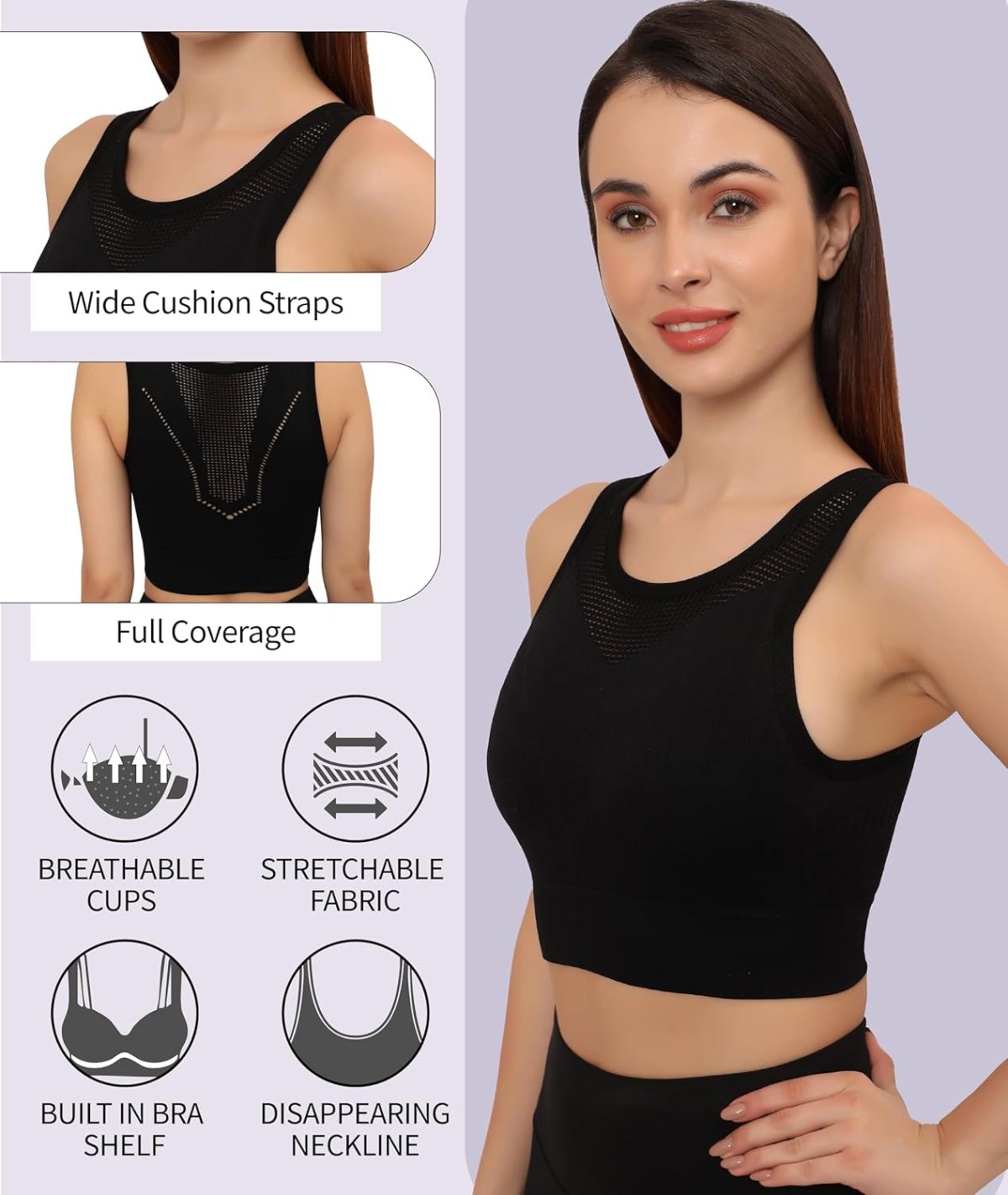 GLAMORAS Women's Polyester Spandex Padded Wireless Sports Bra | Full Coverage, Seamless & High Support Sports Bra for Workout & Yoga | Size: S-XL - Image 2