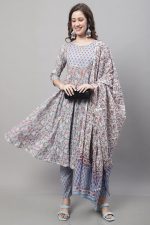 Monira Women's Pure Cambric Cotton Jaipuri Floral Printed Anarkali Kurta Set with Dupatta (Ready to Wear; Blue) - Image 2