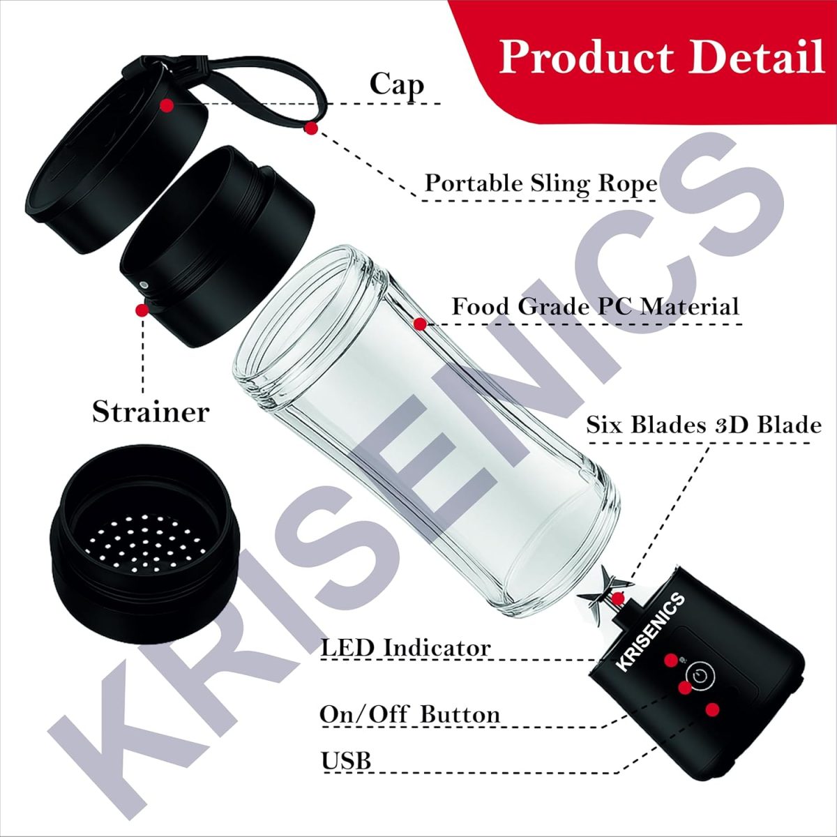 Portable 6-Blade Juicer Blender with built-in Jar,Juice Mixer Bottle,Fruit Juice Machine,USB Rechargeable Personal Size Juicer Grinder for Juices,appliance for Protein&Milk Shakes (Black, 380ML) - Image 7