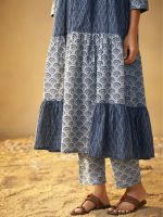 Arangya Ethnic Indigo Blue Pure Cotton Tiered Kurta Set with Comfortable Pure Cotton Straight Pants l Regular Wear l Outdoor Wear - Image 6