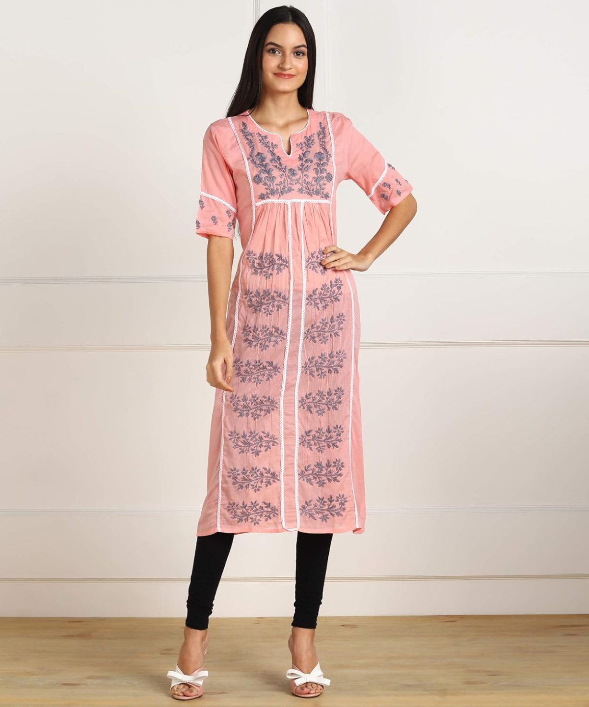 Vahson Lucknow Chikan Hand Embroidered Regular Fit Cotton Kurti Kurta for Women - Image 2