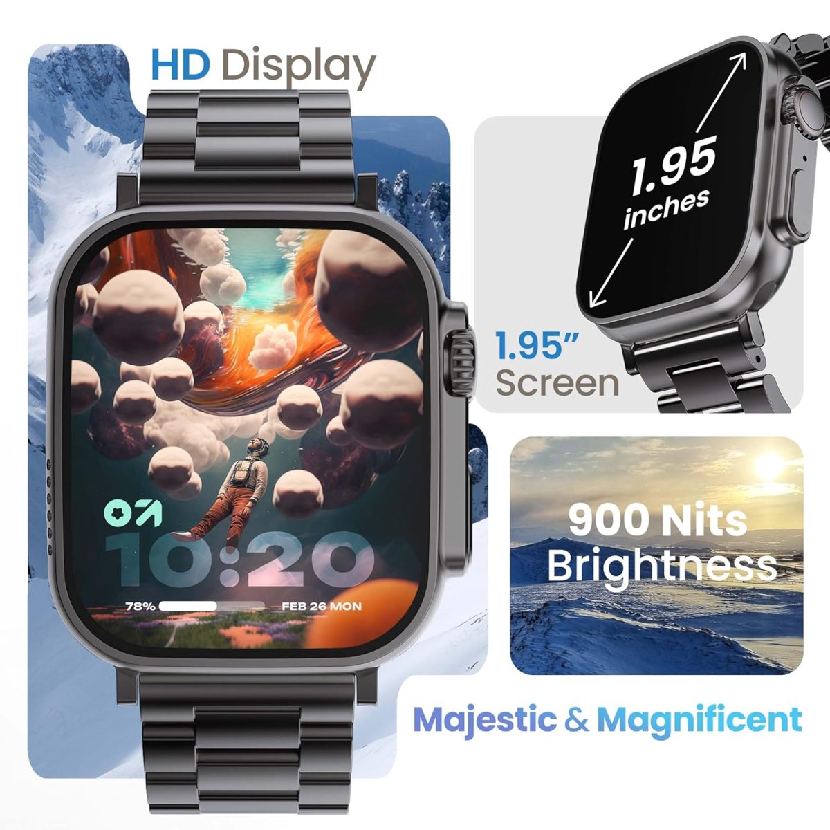 GOBOULT Newly Launched Crown Smart Watch 1.95'' Screen, BT Calling, Working Crown, Zinc Alloy Frame, 900 Nits Brightness, AI Voice Assistant, SpO2 Monitoring, 120+ Sports Mode (Chrome) - Image 4