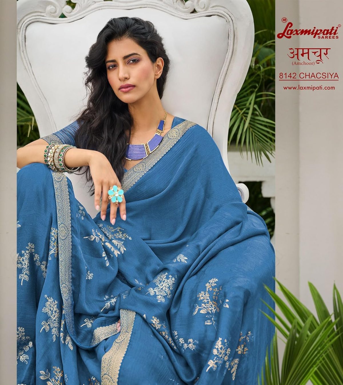 Laxmipati Sarees Women's Plain Chiffon Saree (8142_Grey) - Image 2