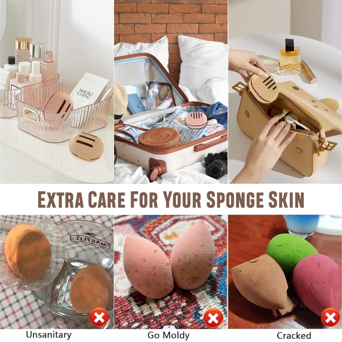 Homeaura Beauty Blender Sponge Holder Silicone Double Sided Breathable Shatterproof Makeup Sponge Holder Potable Travel Case | Pack of 2 |Khaki & Pink| - Image 9