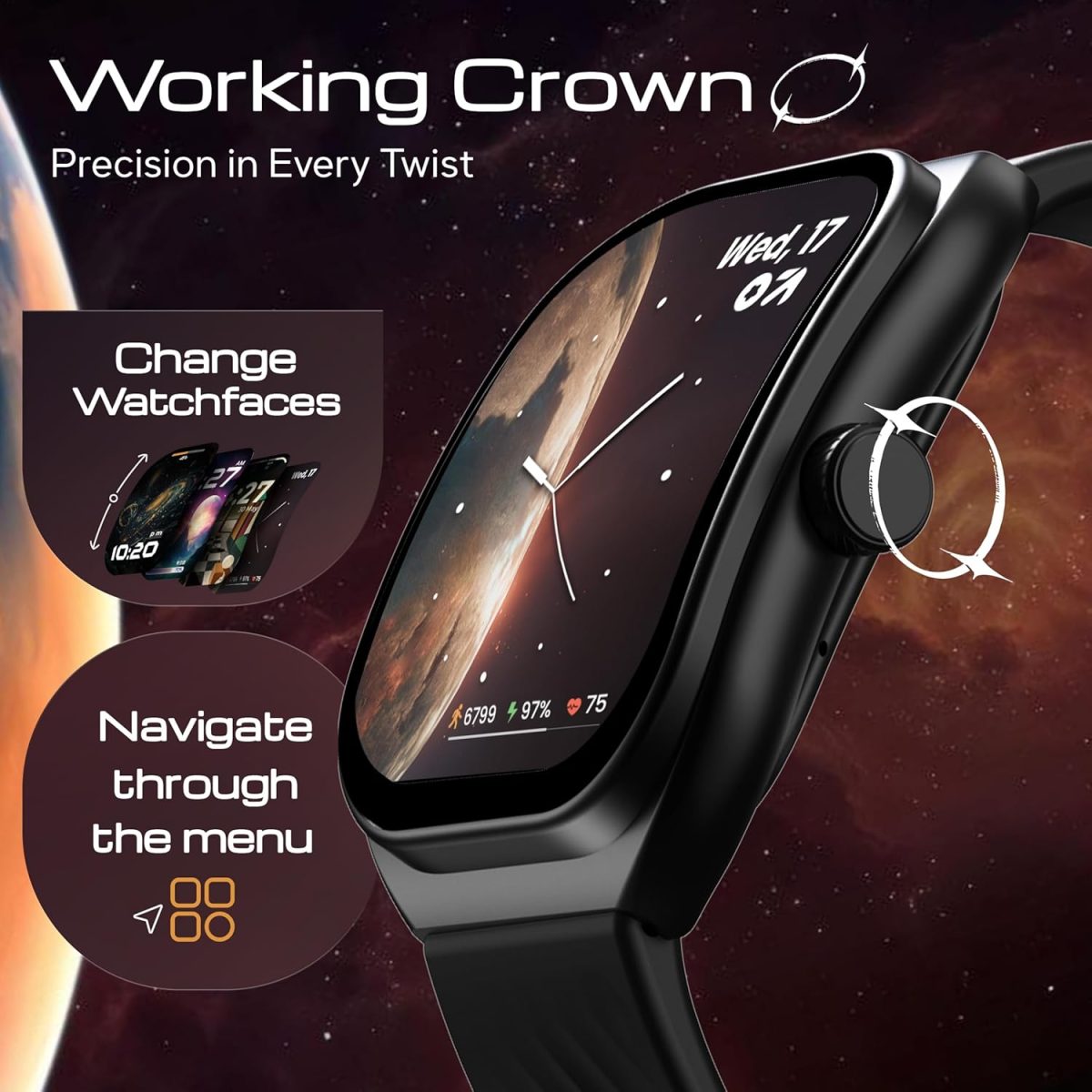 Boult Trail Pro Smartwatch 2.01'' 3D Curved Screen+AMOLED, BT Calling 5.3, 600 Nits Brightness, IP68, 250+ Watchfaces, 120+ Sports Modes, AI Voice Assistant, SpO2 Tracking (Pure Black) - Image 5