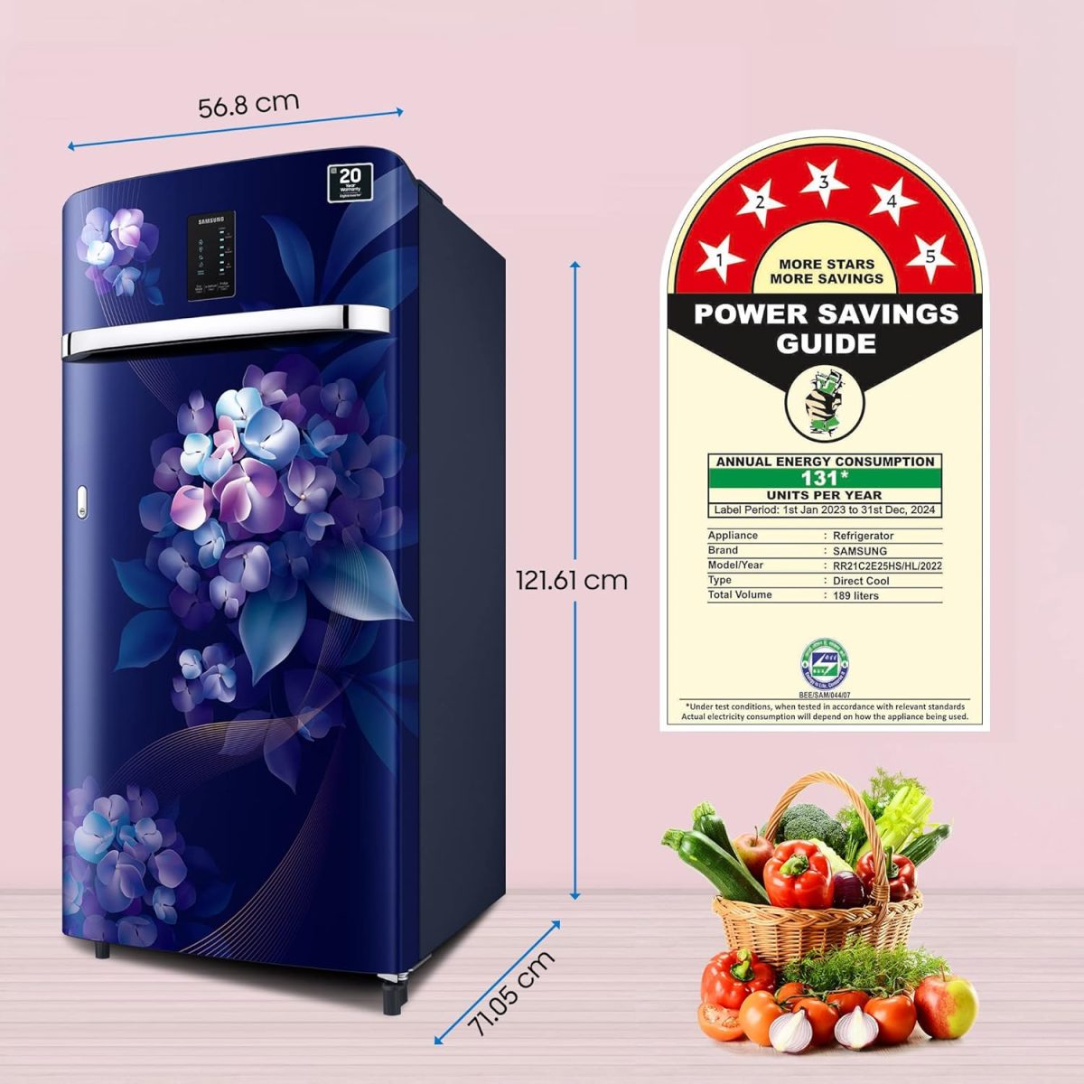 Samsung 189 L, 5 Star, Digi-Touch Cool Digital Inverter, with Display Direct-Cool Single Door Refrigerator (RR21C2E25HS/HL, Hydrangea Blue, 2023 Model) - Image 4