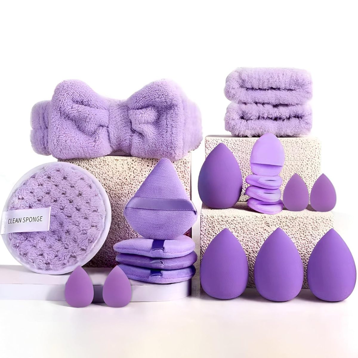 Soft Makeup Puff Set with Headband and CLEAN Pad 20 Pcs | Beauty Sponge Set in 4 Pastel Colors | Teardrop & Flat Blenders for Foundation, Powder, and Creams | Complete Face Makeup Tool Kit for Flawless Application - Image 2