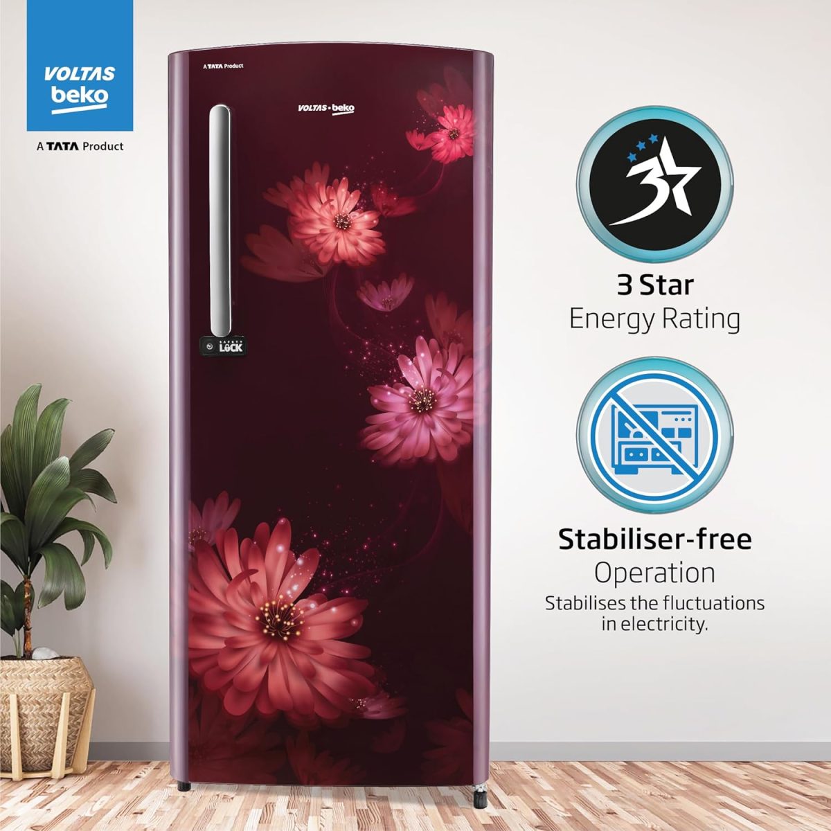 Voltas Beko ‘A Tata Product’ 210 L 3 star Made-in-India Direct cool Refrigerator (RDC245C / W0DWE0M000UGD, Dahlia Wine) - Image 2