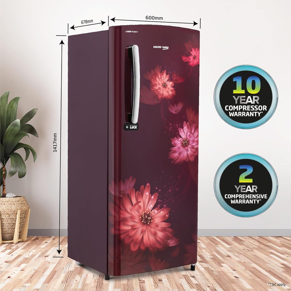 Voltas Beko ‘A Tata Product’ 210 L 3 star Made-in-India Direct cool Refrigerator (RDC245C / W0DWE0M000UGD, Dahlia Wine) - Image 3
