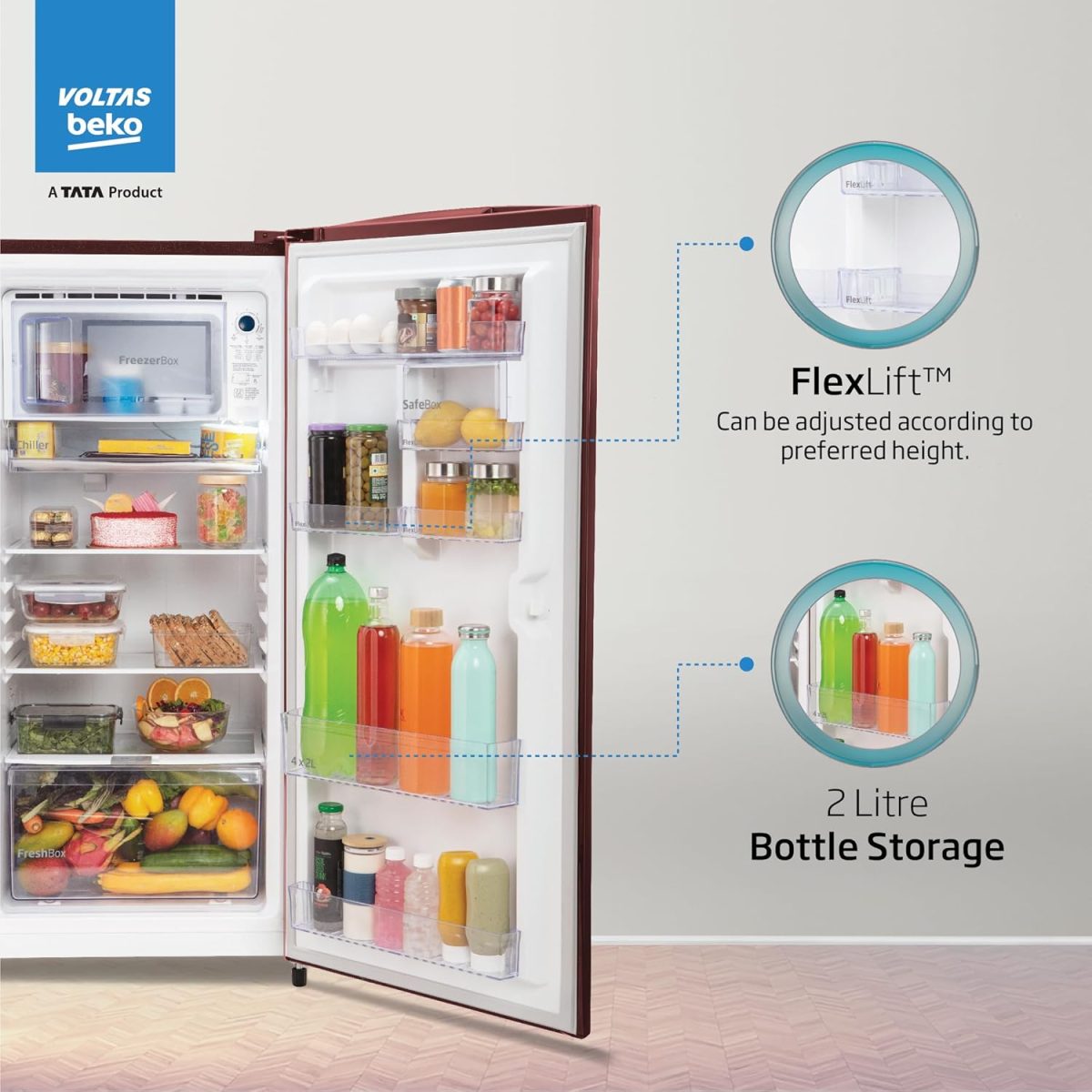 Voltas Beko ‘A Tata Product’ 210 L 3 star Made-in-India Direct cool Refrigerator (RDC245C / W0DWE0M000UGD, Dahlia Wine) - Image 5