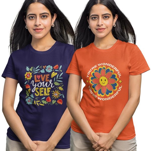 Reifica Women's Cotton Half Sleeve Regular Fit Printed Tshirts for Women/Girls Combo Pack of 2