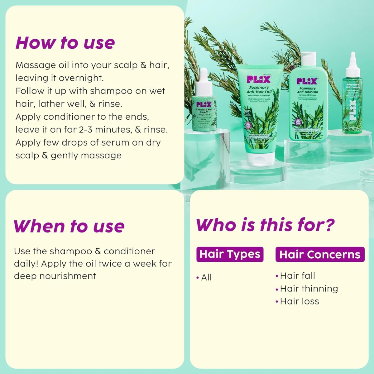 PLIX - THE PLANT FIX Rosemary Anti Hairfall Kit - Serum (30ml), Shampoo (200ml), Conditioner (175ml) & Oil (100ml) | For Hair Thinning, New Hair Growth & More Volume - Image 4