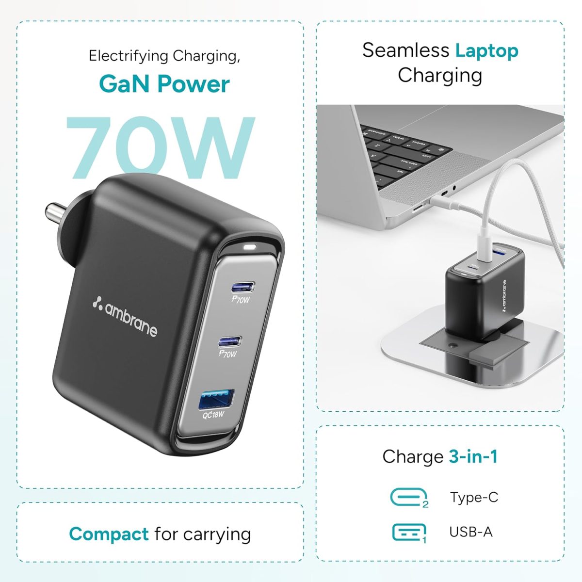 Ambrane 70W Fast Charging Adapter Gan Charger,3 Ports (2 Type C & 1 USB),BIS Certified,for iPhone 16/15/14 Samsung,Type C Laptops: MacBook,Dell,ASUS,Fast Charger PD Technology (Charge 70),Black - Image 2