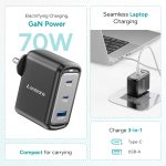 Ambrane 70W Fast Charging Adapter Gan Charger,3 Ports (2 Type C & 1 USB),BIS Certified,for iPhone 16/15/14 Samsung,Type C Laptops: MacBook,Dell,ASUS,Fast Charger PD Technology (Charge 70),Black - Image 2