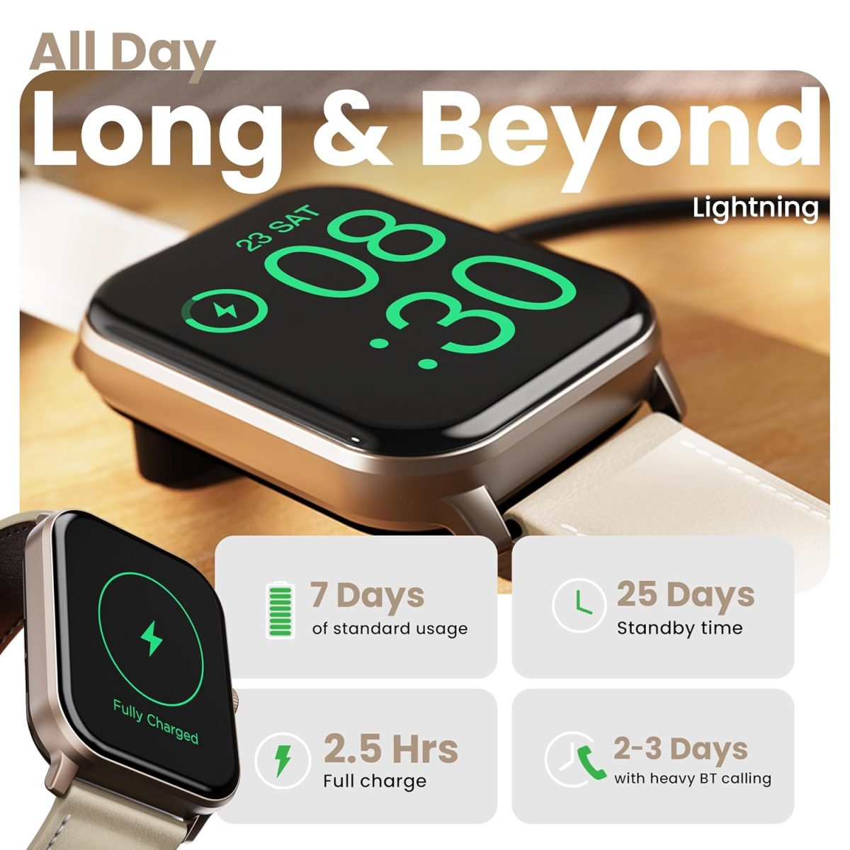 GOBOULT Drift+ Smart Watch 1.85''HD Screen, Bluetooth Calling, IP67, 500 Nits Brightness,150+ Watchfaces, AI Voice Assistant, SpO2 Monitoring, 100+ Sports Mode Smartwatch (Snow Leather) - Image 8
