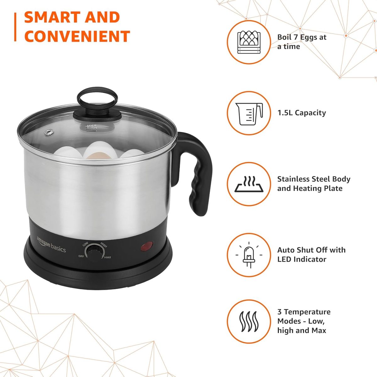 amazon basics Electric Multipurpose Kettle | for boiling Water, Eggs | Making Tea, Coffee| Stainless Steel Body with Automatic Shut-off | 18.3L x 15.7W x 19.1H cm | 1.2 L | 220 Volts | Silver, Black - Image 3