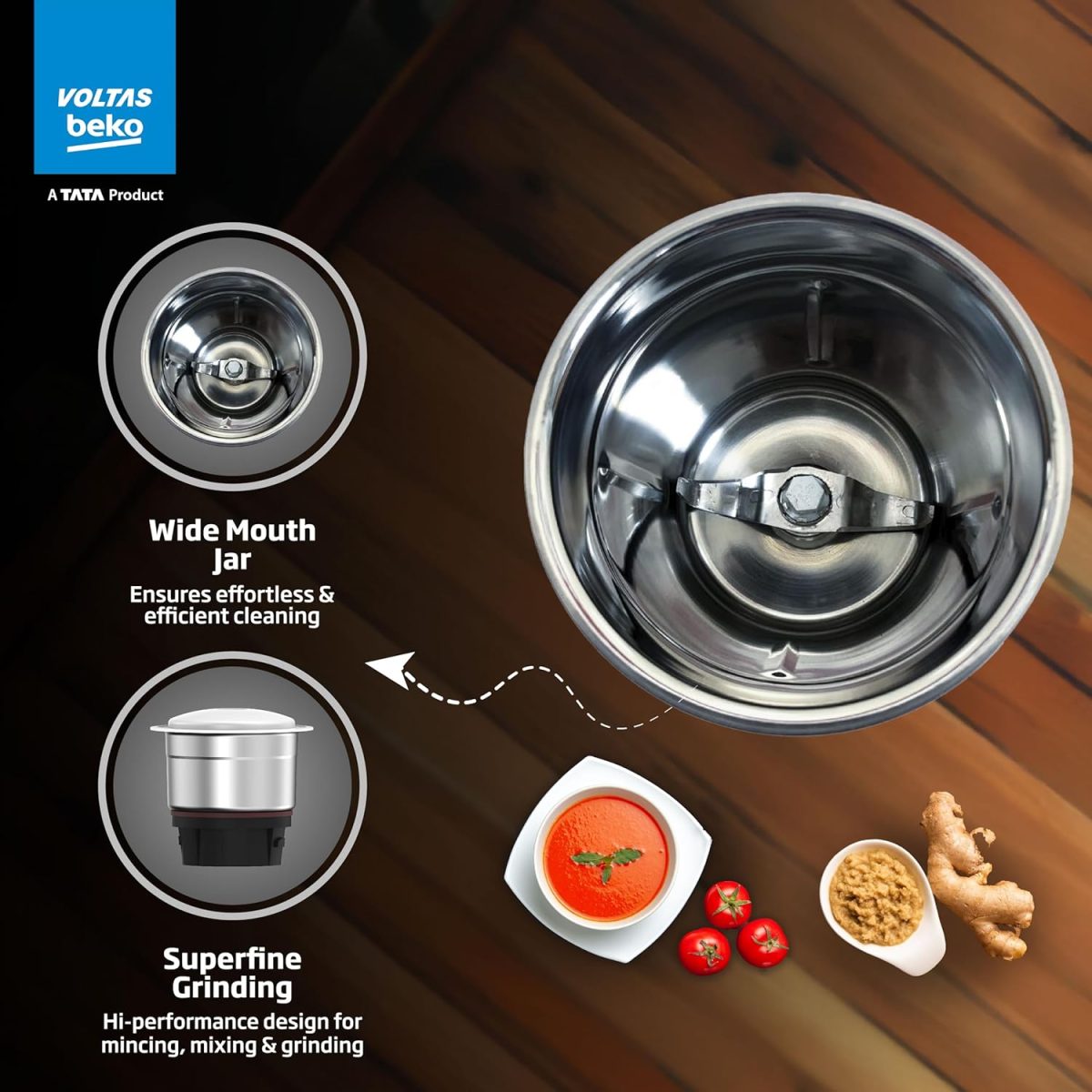 Voltas Beko, A Tata Product Powerfull 500 W Mixer Grinder with GrindX Technology (G5003HP-WH | 3 Jars | White) - Image 5
