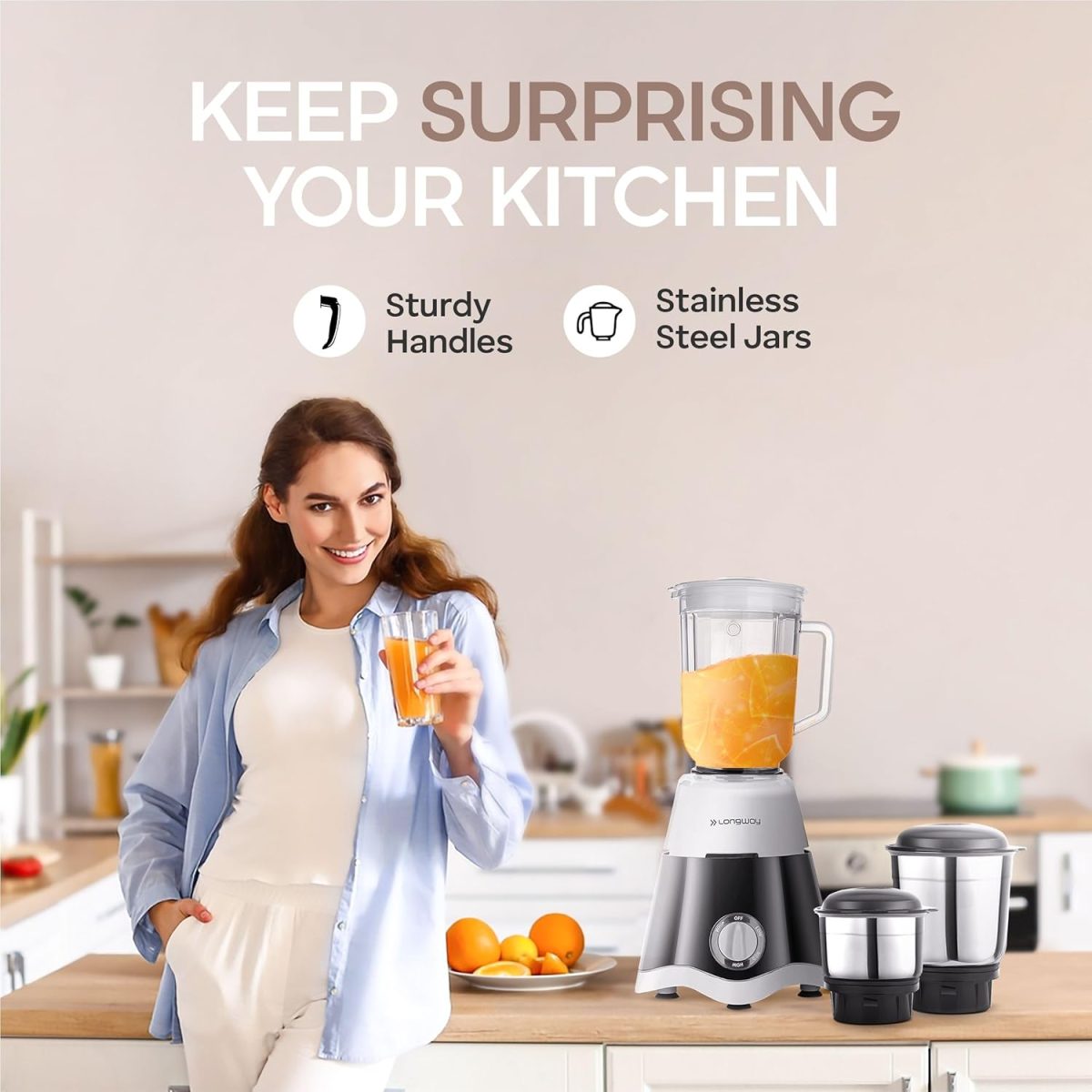 Longway Super Dlx 4 Jar 750 Watt Mixer Grinder - Black & Grey | ABS body | Heavy Duty Motor | Nano-grinding technology | 304 Grade Stainless Steel Blade | Noise levels 80-90 DB |1 Years warranty - Image 6