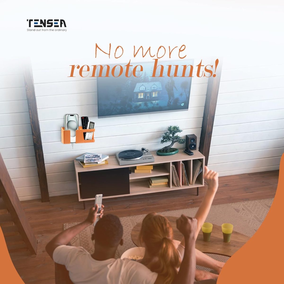 Tensea® Multifunctional Wall Mounted Mobile Holder with Remote Control Storage, Key Hanger & Pen Organizer Self-Adhesive, Space Saving Accessories for Every Room (Black) - Image 2