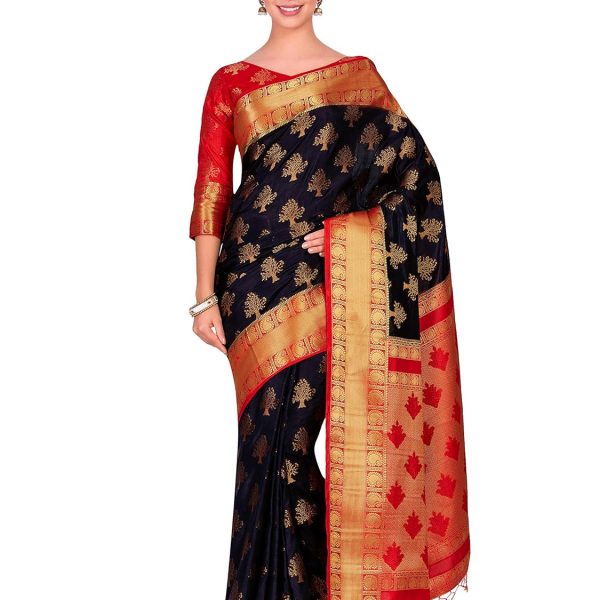 Mimosa Women's Kanjivaram Silk Saree With Blouse Piece (4309-312-Rd-Blk-Rd_Black)