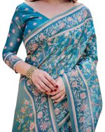 ALMAARI FASHION Handloom Cotton Floral Printed Saree with Tassels on Edges & Attached Blouse Piece | 5.5 Meter Saree + 0.8 Meter Blouse