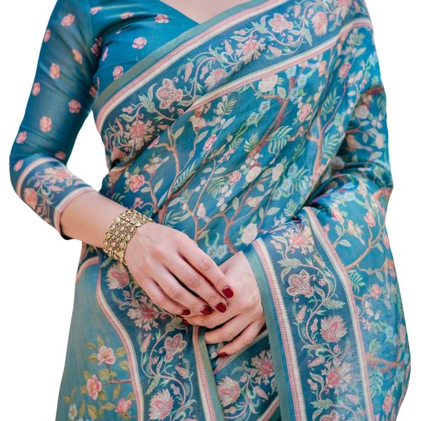 ALMAARI FASHION Handloom Cotton Floral Printed Saree with Tassels on Edges & Attached Blouse Piece | 5.5 Meter Saree + 0.8 Meter Blouse