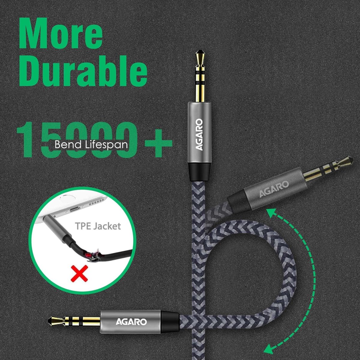 AGARO 3.5mm Audio Cable Stereo Aux 90 Degree Right Angle Aux Cable 24K Gold Plated Male to Male Hi-Fi Sound for Car, Home Stereos, Speakers & More 1M/ 100CM/ 3.2 Ft, Silver & Black, (33664) - Image 3