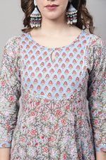 Monira Women's Pure Cambric Cotton Jaipuri Floral Printed Anarkali Kurta Set with Dupatta (Ready to Wear; Blue) - Image 7
