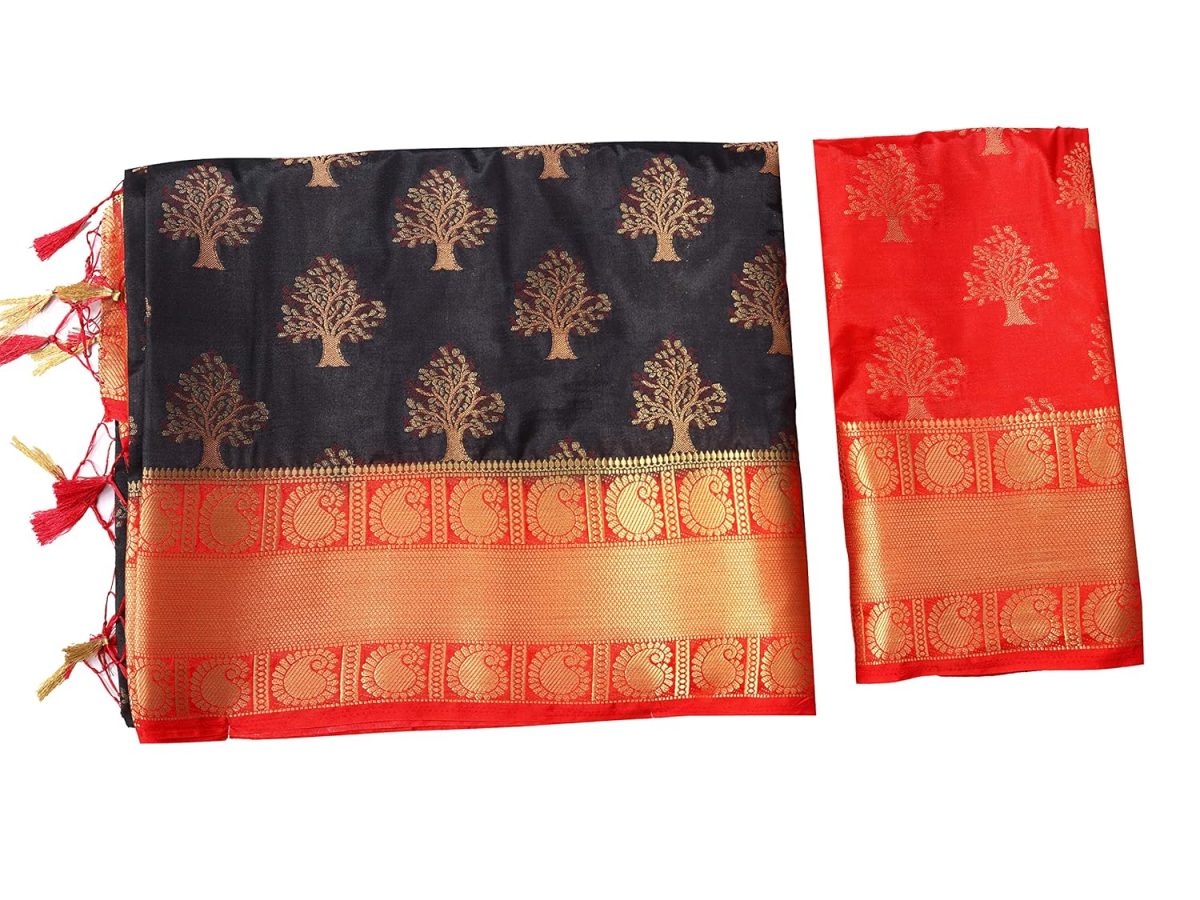 Mimosa Women's Kanjivaram Silk Saree With Blouse Piece (4309-312-Rd-Blk-Rd_Black) - Image 6