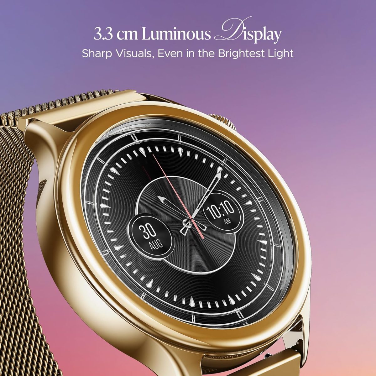 boAt Enigma Daze Women's Luxury Smart Watch w/ 1.3”(3.3cm) Luminous Display, Emergency SOS Live Location Sharing, Functional Crown, Watch Face Studio, QR Tray, BT Calling, HR & SpO2 (Metallic Gold) - Image 4