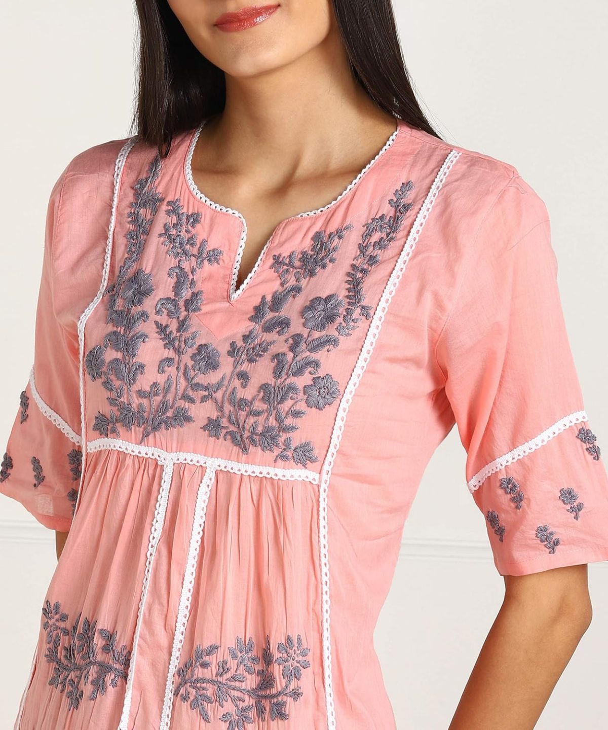 Vahson Lucknow Chikan Hand Embroidered Regular Fit Cotton Kurti Kurta for Women - Image 5