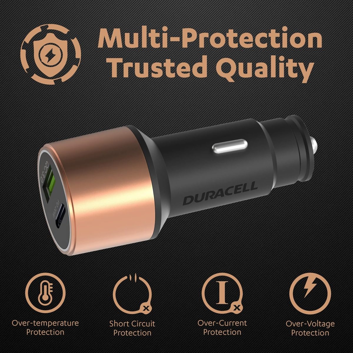 Duracell 38W Fast Car Charger Adapter with Dual Output. Quick Charge, Type C PD 20W & Qualcomm Certified 3.0 Compatible for iPhone, All Smartphones, Tablets & More (Copper & Black) - Image 5
