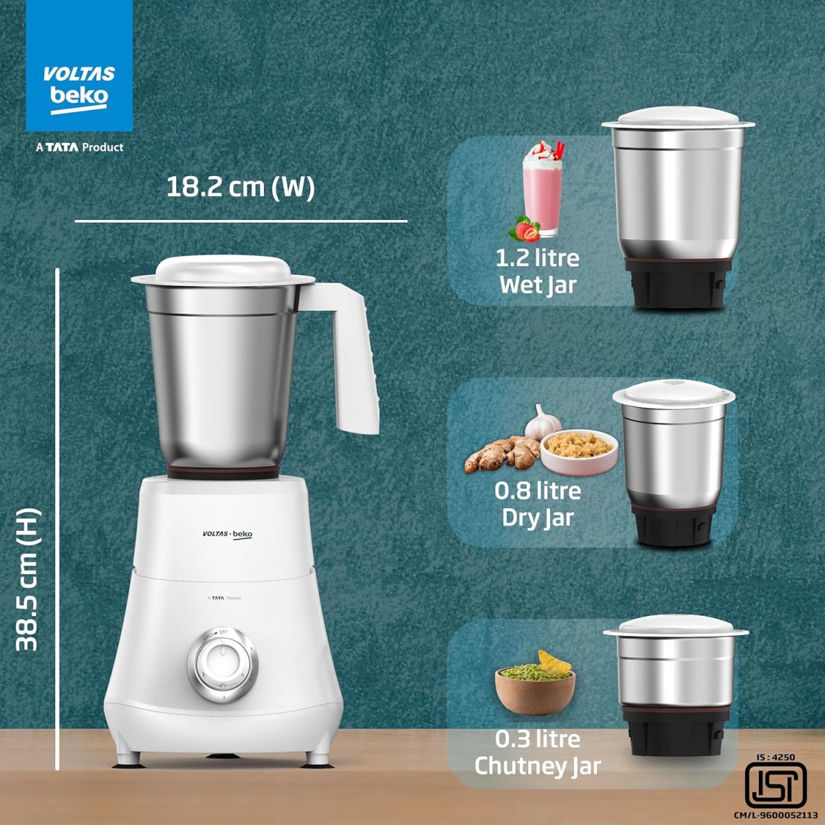 Voltas Beko, A Tata Product Powerfull 500 W Mixer Grinder with GrindX Technology (G5003HP-WH | 3 Jars | White) - Image 4