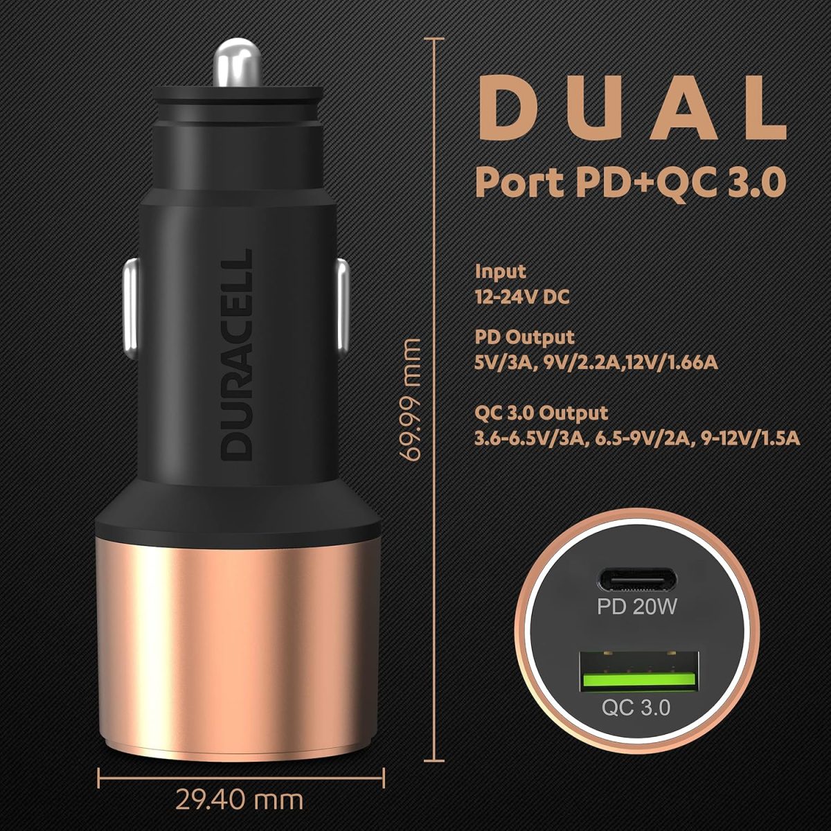 Duracell 38W Fast Car Charger Adapter with Dual Output. Quick Charge, Type C PD 20W & Qualcomm Certified 3.0 Compatible for iPhone, All Smartphones, Tablets & More (Copper & Black) - Image 2