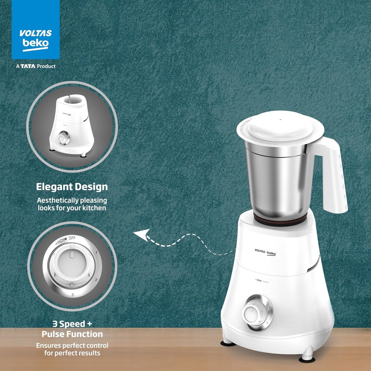 Voltas Beko, A Tata Product Powerfull 500 W Mixer Grinder with GrindX Technology (G5003HP-WH | 3 Jars | White) - Image 6