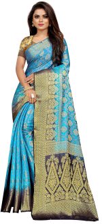 C J Enterprise Women's Banarasi Saree Pure Kanjivaram Silk Saree Soft Design Wear Pattu Sarees Latest Party Cotton With Blouse Piece Kanchipuram for Wedding traditional new 2024 (kismat-2 Sky Blue)