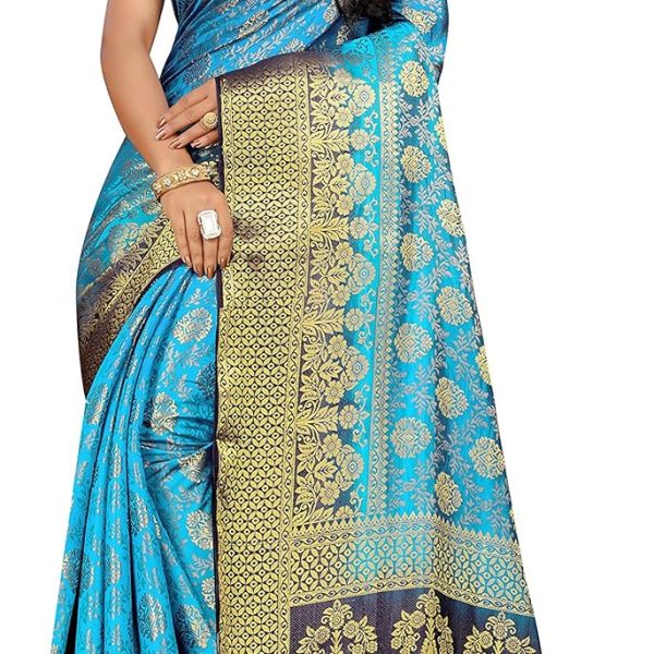 C J Enterprise Women's Banarasi Saree Pure Kanjivaram Silk Saree Soft Design Wear Pattu Sarees Latest Party Cotton With Blouse Piece Kanchipuram for Wedding traditional new 2024 (kismat-2 Sky Blue)