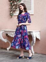 SMOWKLY Women's Georgette Floral Printed Indo-Western Ethnic Gown || Half Sleeve V Neck Fit & Flare Flared Hem Design || Casual Wear A-Line Maxi Dress 1323_BL_XL Blue - Image 5